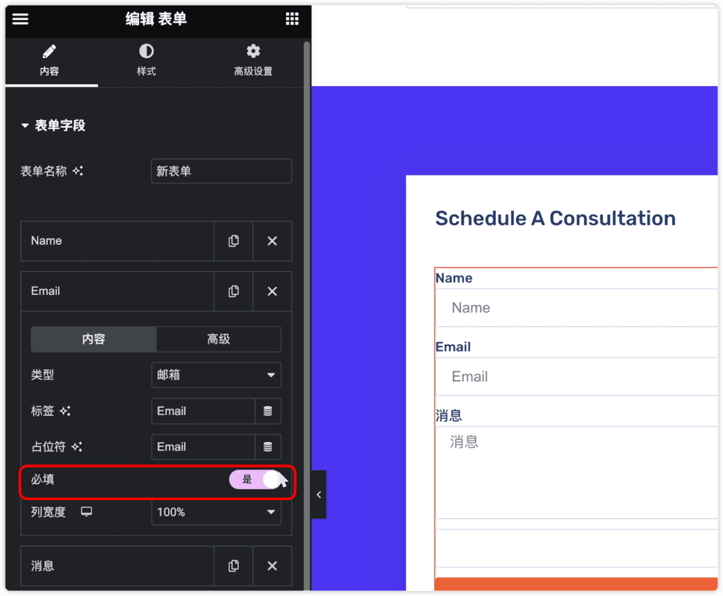 Elementor 表单 邮箱为必填