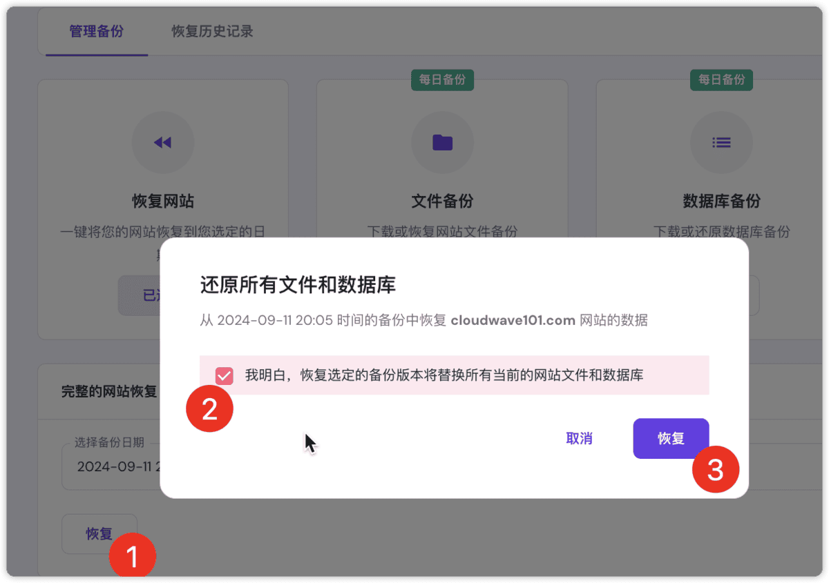 Hostinger 恢复备份确认